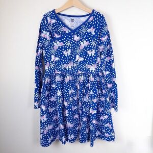 Tea Collection Dress Girls 12 Blue Butterfly Floral Long Sleeve Wrap Neck Cotton